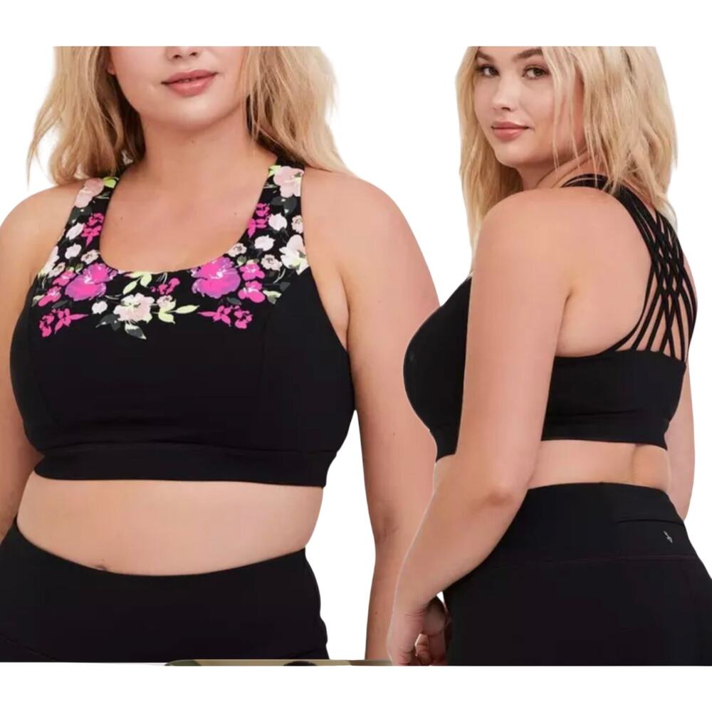 Torrid Active Black Floral Strappy Back Sports Bra Size 2X